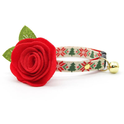 Holiday Cat Collar + Flower Set - "Fair Isle - Christmas" - Red & Green Nordic Cat Collar w/ Scarlet Felt Flower (Detachable) / Cat, Kitten + Small Dog Sizes