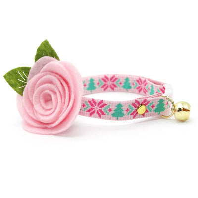 Winter Cat Collar + Flower Set - "Fair Isle - Pink" - Nordic Sweater Cat Collar w/ Baby Pink Felt Flower (Detachable) / Cat, Kitten + Small Dog Sizes