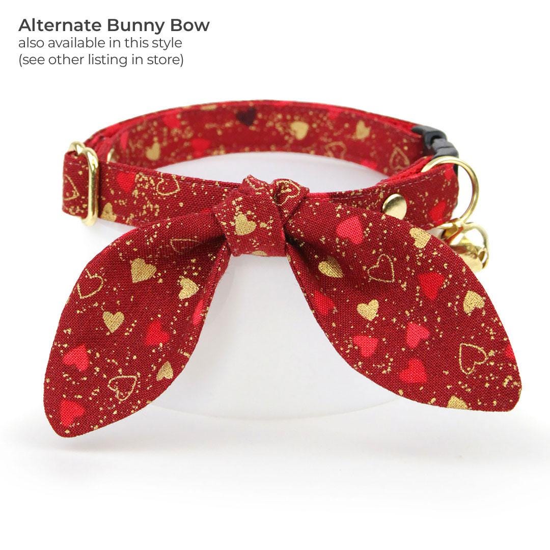 Heart Cat Bow Tie - "Amour" - Burgundy, Gold & Red Heart Bow Tie for Cat Collar / Valentine's Day / Cat, Kitten + Small Dog Bowtie