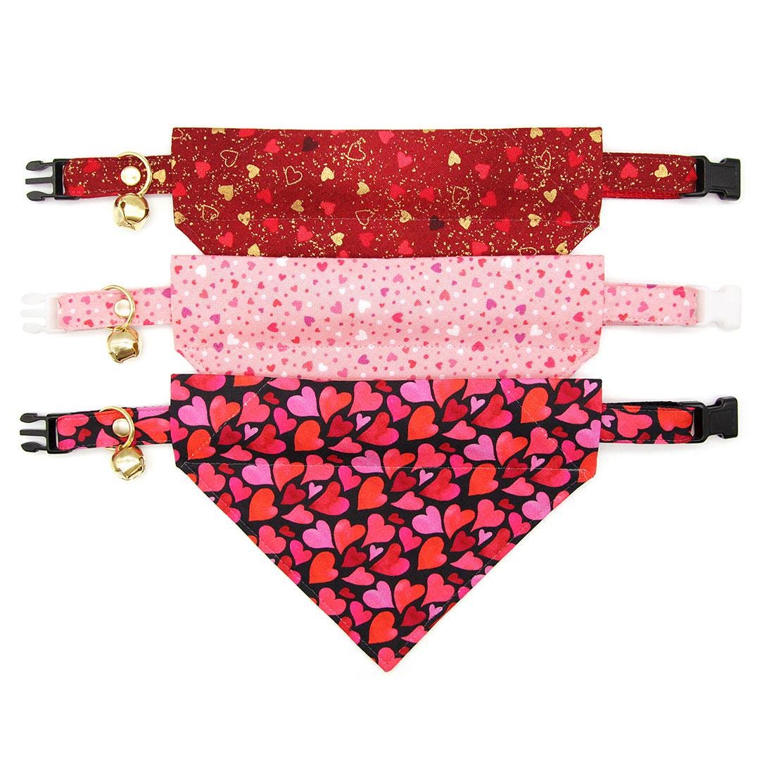 Heart Cat Bandana - "Amour" - Red & Gold Valentine's Day Bandana for Cat + Small Dog / Slide-on Bandana