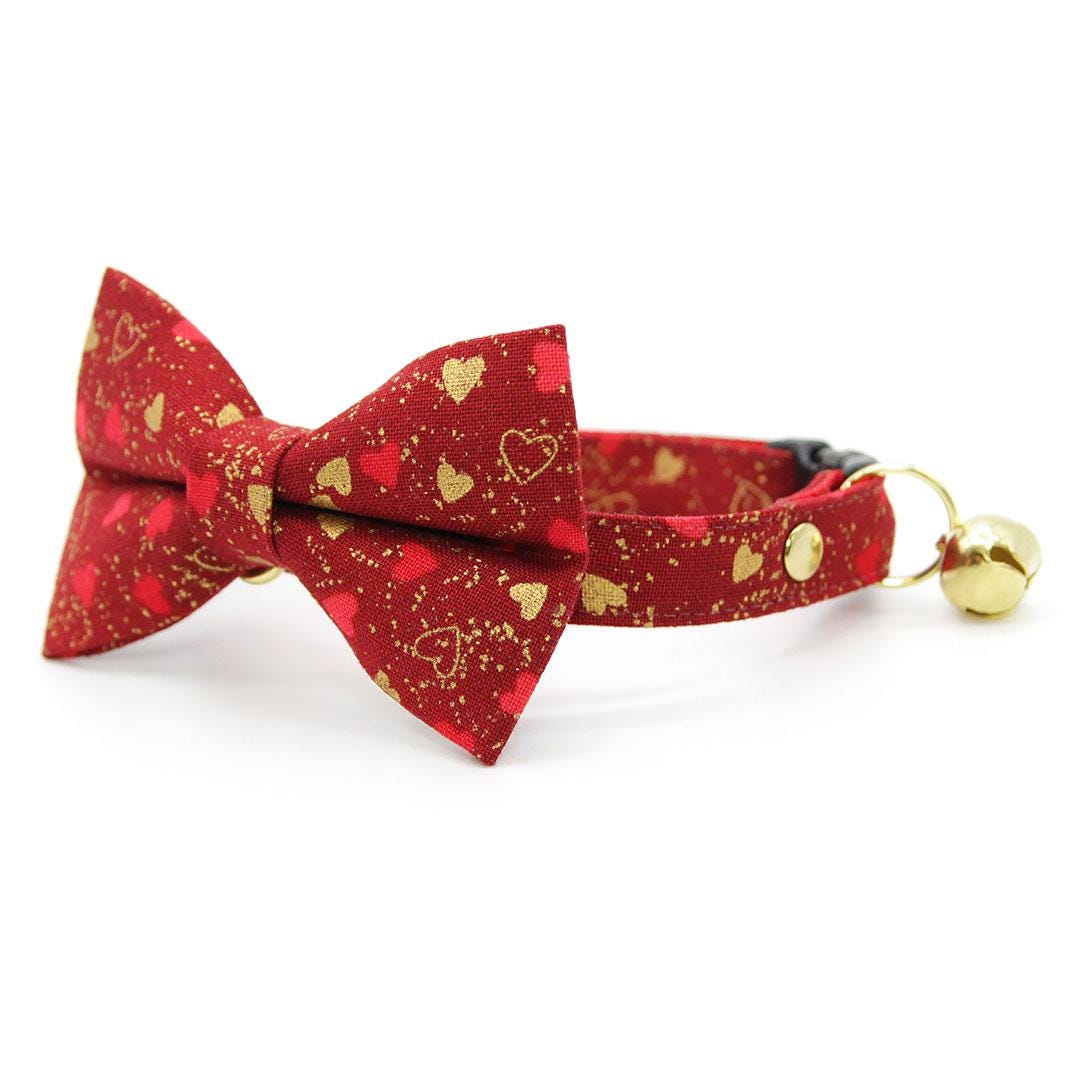 Heart Cat Collar - "Amour" - Red & Gold Cat Collar / Valentine's Day / Breakaway Buckle or Non-Breakaway / Cat, Kitten + Small Dog Sizes