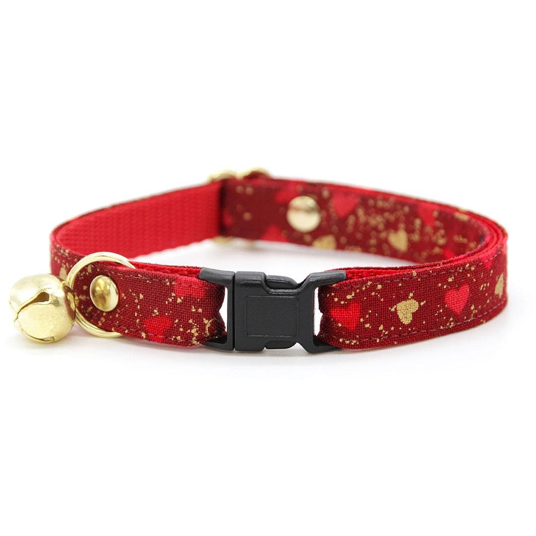 Heart Cat Collar - "Amour" - Red & Gold Cat Collar / Valentine's Day / Breakaway Buckle or Non-Breakaway / Cat, Kitten + Small Dog Sizes