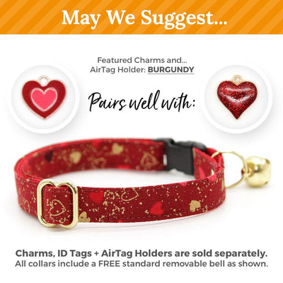 Heart Cat Collar + Flower Set - "Amour" - Valentine's Day Red & Gold Cat Collar w/ Scarlet Red Felt Flower (Detachable) / Cat, Kitten + Small Dog Sizes