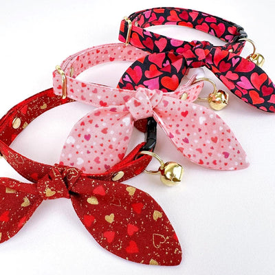 Cat Collar and Bunny Ear Bow Set - "Crush" - Red & Pink Heart Cat Collar w/ Matching Bunny Bow Tie / Valentine's Day / Tie-On Scarf / Cat, Kitten + Small Dog Sizes