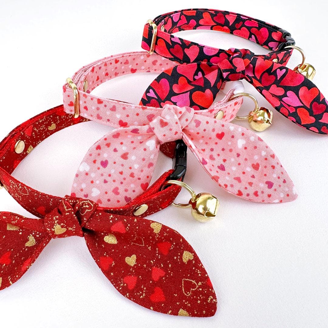 Cat Collar and Bunny Ear Bow Set - "Amour" - Red & Gold Heart Cat Collar w/ Matching Bunny Bow Tie / Valentine's Day / Tie-On Scarf / Cat, Kitten + Small Dog Sizes