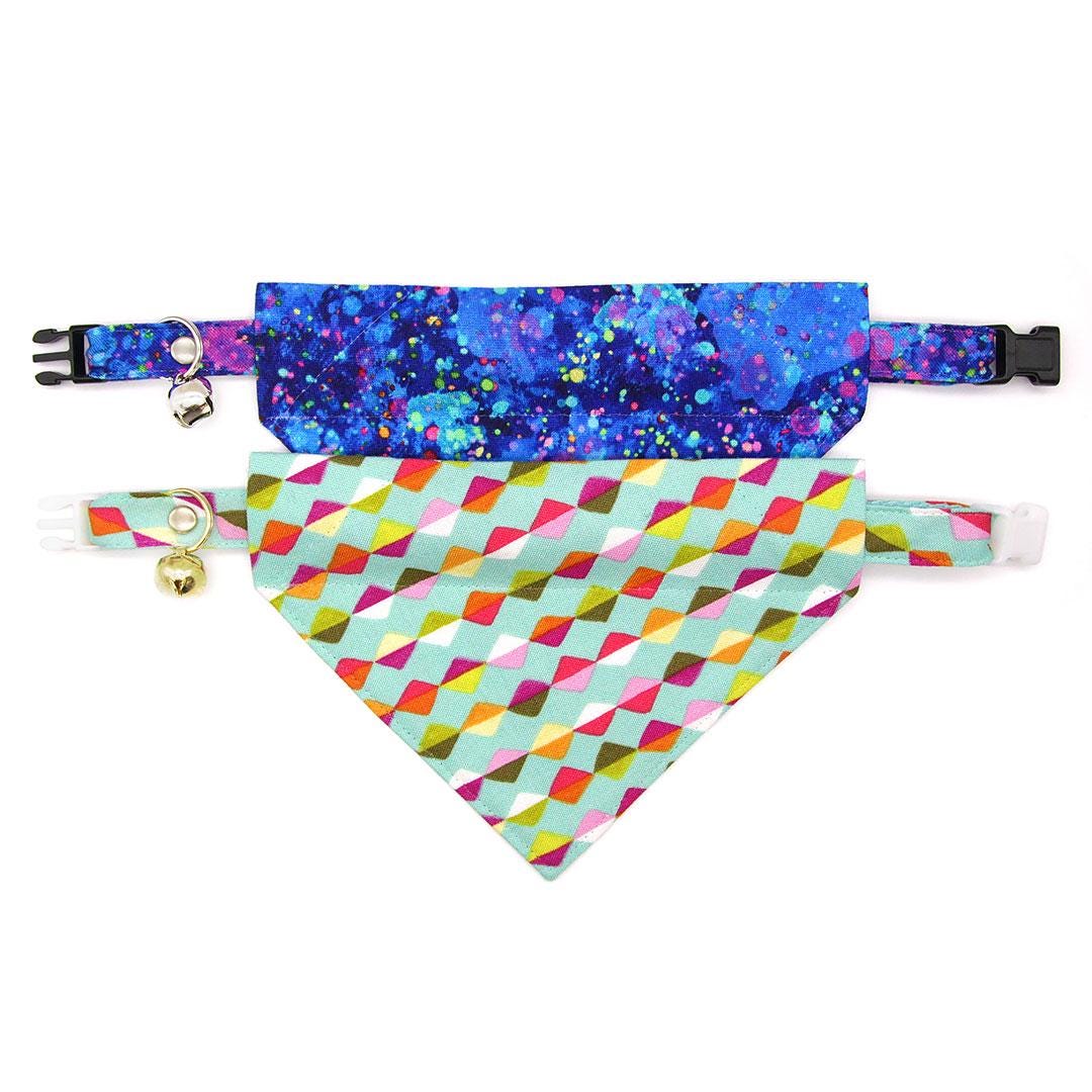 Retro Fun Cat Bandana - "Neon Nebula" - Blue & Purple Galaxy Spatter Paint Bandana for Cat + Small Dog / 80s Retro, Vaporwave, Space / Slide-on Bandana