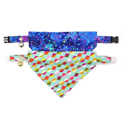 Retro Fun Cat Bandana - "Neon Nebula" - Blue & Purple Galaxy Spatter Paint Bandana for Cat + Small Dog / 80s Retro, Vaporwave, Space / Slide-on Bandana