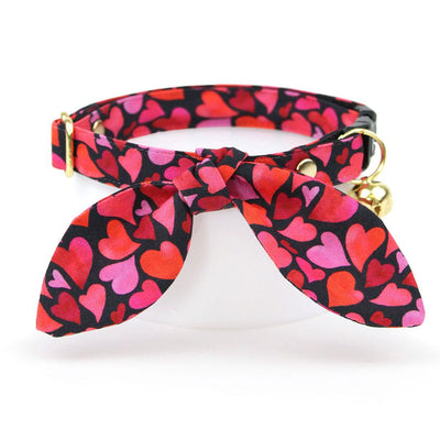 Cat Collar and Bunny Ear Bow Set - "Crush" - Red & Pink Heart Cat Collar w/ Matching Bunny Bow Tie / Valentine's Day / Tie-On Scarf / Cat, Kitten + Small Dog Sizes