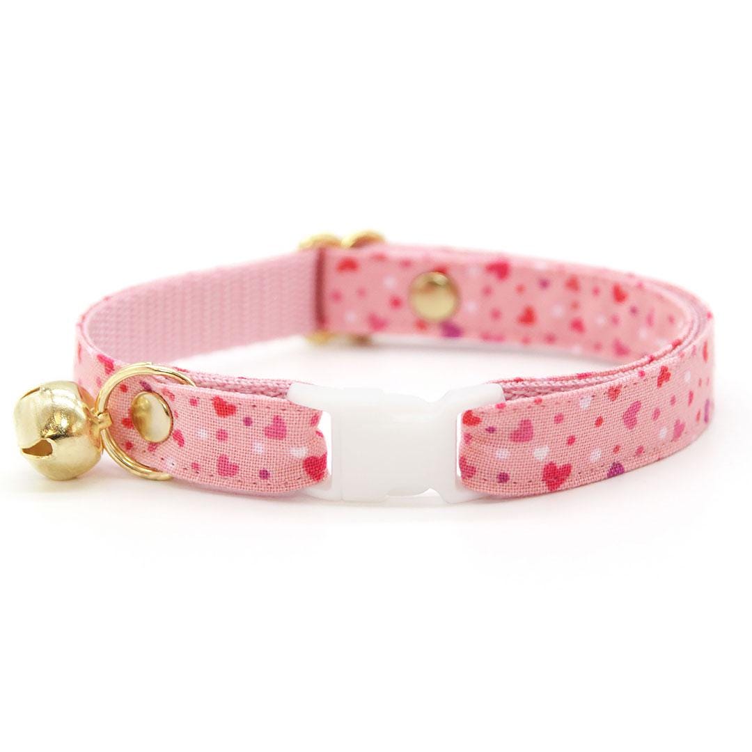 Cat Collar and Bunny Ear Bow Set - "Cupid Confetti" - Pink Heart Cat Collar w/ Matching Bunny Bow Tie / Valentine's Day, Birthday / Tie-On Scarf / Cat, Kitten + Small Dog Sizes