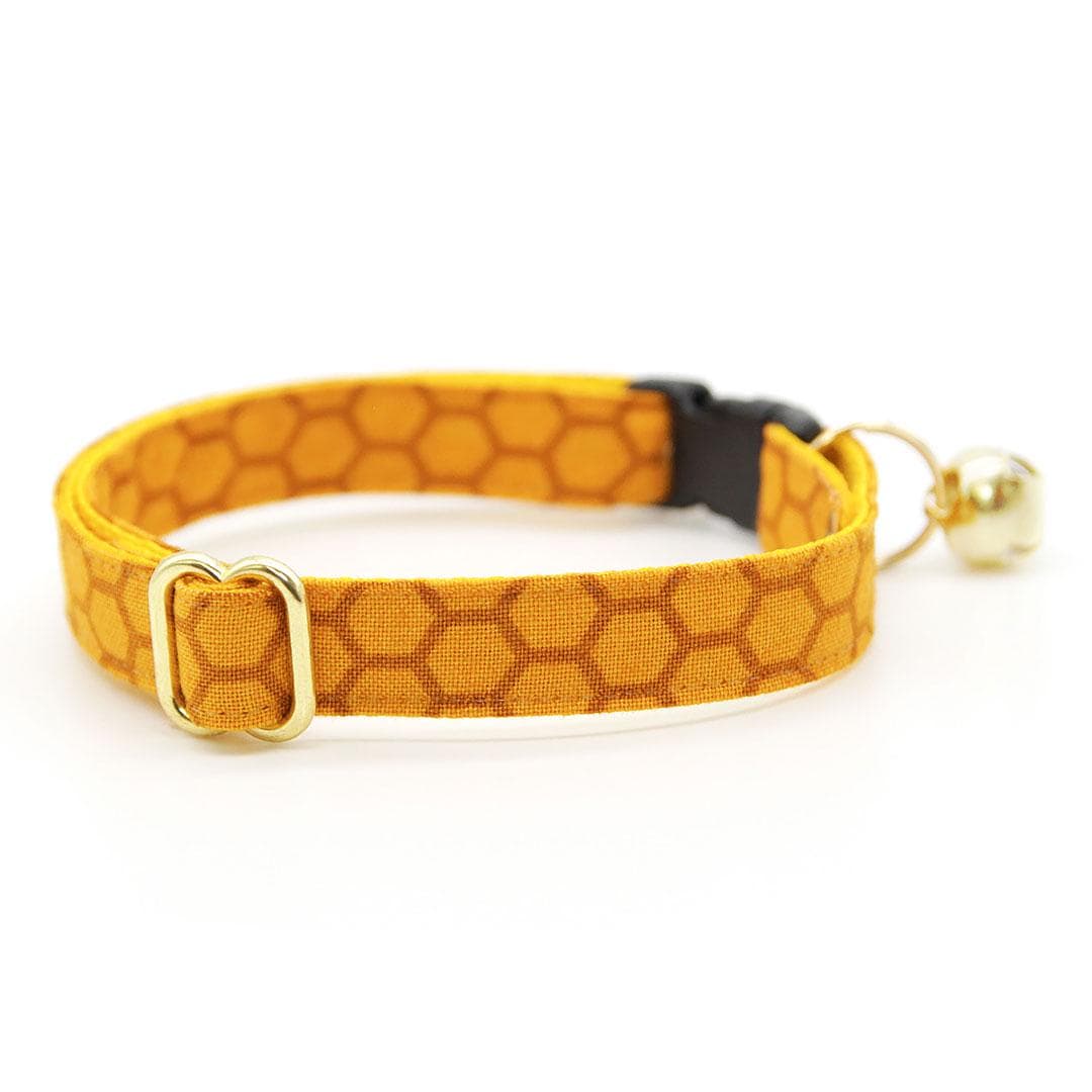Cat Collar and Bunny Ear Bow Set - "Honeycomb" - Golden Honey Yellow Cat Collar w/ Matching Bunny Bow Tie / Bee Lover, Honeybee / Tie-On Scarf / Cat, Kitten + Small Dog Sizes