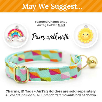 Cat Collar and Bunny Ear Bow Set - "Kite Dreams" - Fun Arty Mint Kite Cat Collar w/ Matching Bunny Bow Tie / Tie-On Scarf / Cat, Kitten + Small Dog Sizes