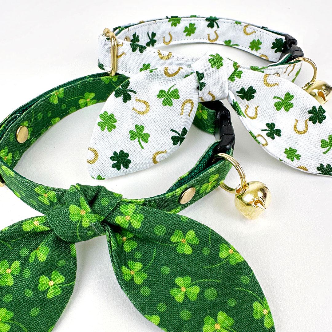 Cat Collar and Bunny Ear Bow Set - "Lucky Horseshoes" - Green & Gold Shamrock Cat Collar w/ Matching Bunny Bow Tie / St. Patrick's Day / Tie-On Scarf / Cat, Kitten + Small Dog Sizes