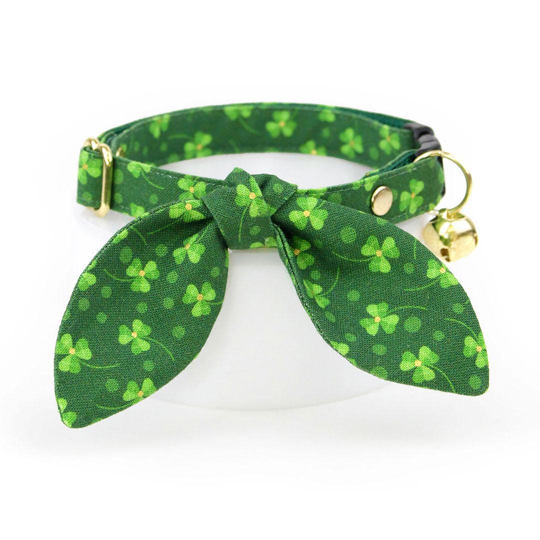 Cat Collar and Bunny Ear Bow Set - "Shamrock Toss" - Green Shamrock Cat Collar w/ Matching Bunny Bow Tie / St. Patrick's Day / Tie-On Scarf / Cat, Kitten + Small Dog Sizes