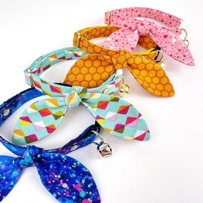 Cat Collar and Bunny Ear Bow Set - "Neon Nebula" - Galaxy Blue & Purple Spatter Paint Cat Collar w/ Matching Bunny Bow Tie / 80s, Vaporwave / Tie-On Scarf / Cat, Kitten + Small Dog Sizes