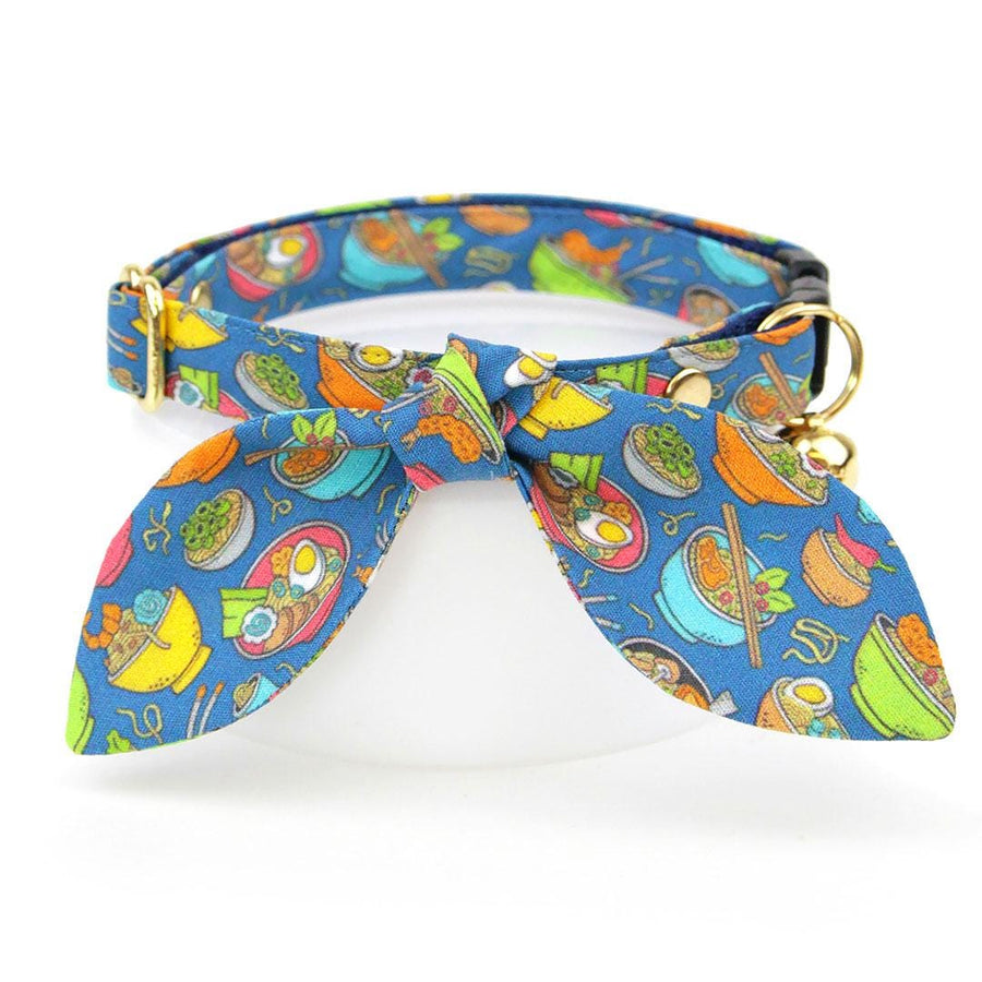 Cat Collar and Bunny Ear Bow Set - "Ramen Love - Blue" - Ramen Cat Collar w/ Matching Bunny Bow Tie / Food, Fun, Asian / Tie-On Scarf / Cat, Kitten + Small Dog Sizes