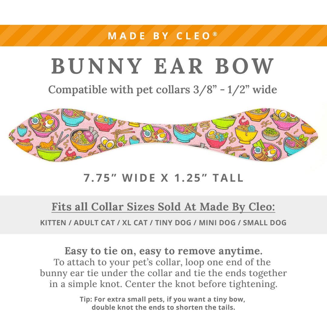 Cat Collar and Bunny Ear Bow Set - "Ramen Love - Pink" - Ramen Cat Collar w/ Matching Bunny Bow Tie / Asian Food, Fun, Girl Cat / Tie-On Scarf / Cat, Kitten + Small Dog Sizes