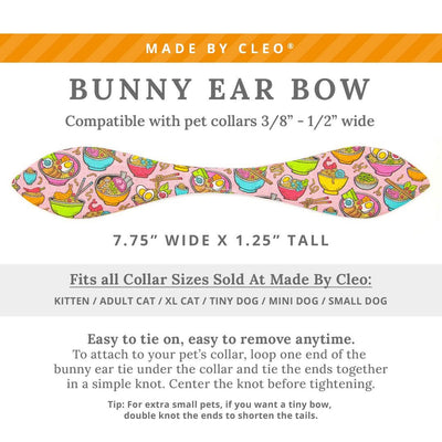 Cat Collar and Bunny Ear Bow Set - "Ramen Love - Pink" - Ramen Cat Collar w/ Matching Bunny Bow Tie / Asian Food, Fun, Girl Cat / Tie-On Scarf / Cat, Kitten + Small Dog Sizes