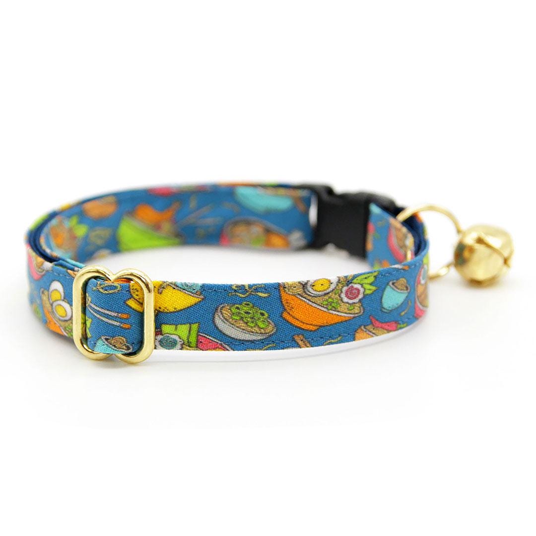Ramen Cat Collar + Flower Set - "Ramen Love - Blue" - Noodle Cat Collar w/ Sky Blue Felt Flower (Detachable) / Food, Fun, Asian / Cat, Kitten + Small Dog Sizes
