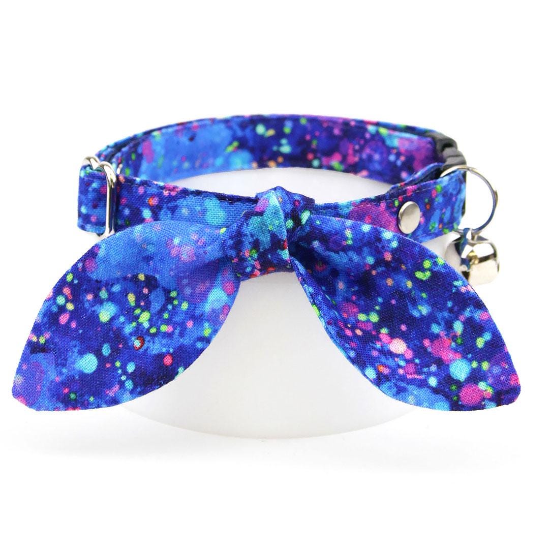 Retro Fun Cat Collar - "Neon Nebula" - Galaxy Blue & Purple Paint Spatter Cat Collar / 80s, Vaporwave / Breakaway Buckle or Non-Breakaway / Cat, Kitten + Small Dog Sizes