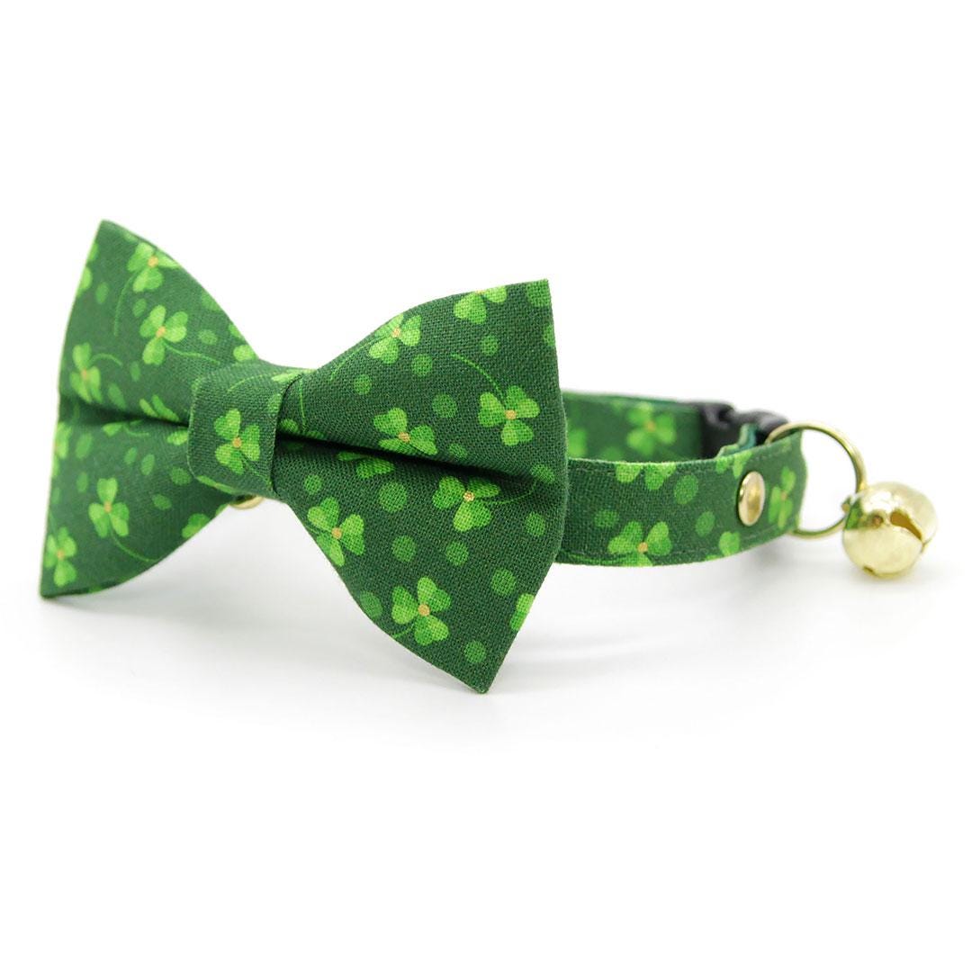 Shamrock Bow Tie + Cat Collar Set - "Shamrock Toss" - St. Patrick's Day Green Cat Collar with Bow Tie / Irish, Lucky / Cat, Kitten, Small Dog Sizes