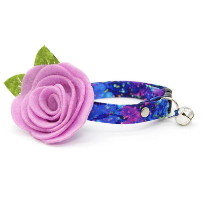 Galaxy Cat Collar + Flower Set - "Neon Nebula" - Galaxy Blue & Purple Neon Spatter Cat Collar w/ Lavender Felt Flower (Detachable) / Cat, Kitten + Small Dog Sizes