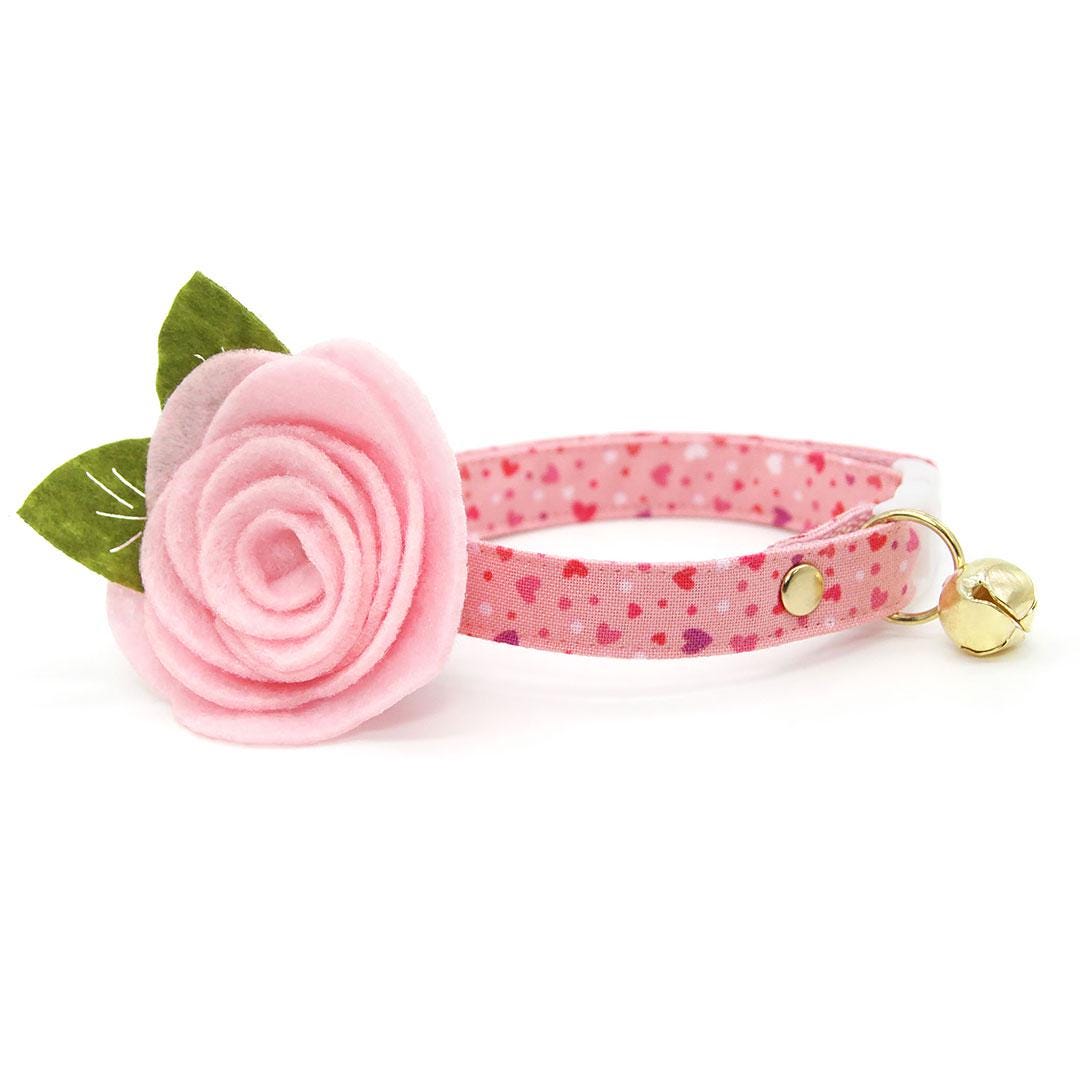 Heart Cat Collar + Flower Set - "Cupid Confetti" - Cute Cat Collar w/ Baby Pink Felt Flower (Detachable) / Valentine's Day / Cat, Kitten + Small Dog Sizes