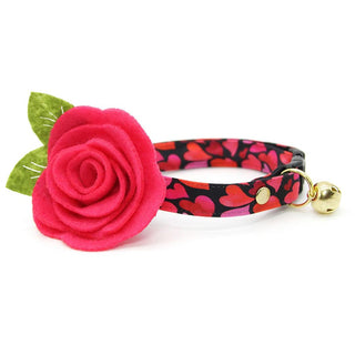 Heart Cat Collar + Flower Set - "Crush" - Valentine's Day Red & Pink Cat Collar w/ Fuchsia Pink Felt Flower (Detachable) / Cat, Kitten + Small Dog Sizes - Adult Cat (8-13) / Breakaway / Gold