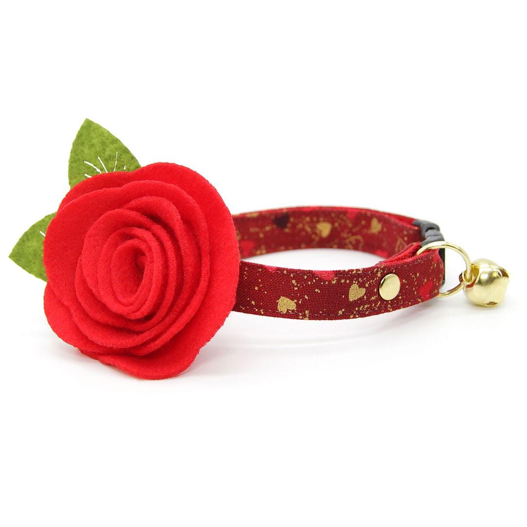 Heart Cat Collar + Flower Set - "Amour" - Valentine's Day Red & Gold Cat Collar w/ Scarlet Red Felt Flower (Detachable) / Cat, Kitten + Small Dog Sizes
