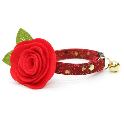Heart Cat Collar + Flower Set - "Amour" - Valentine's Day Red & Gold Cat Collar w/ Scarlet Red Felt Flower (Detachable) / Cat, Kitten + Small Dog Sizes