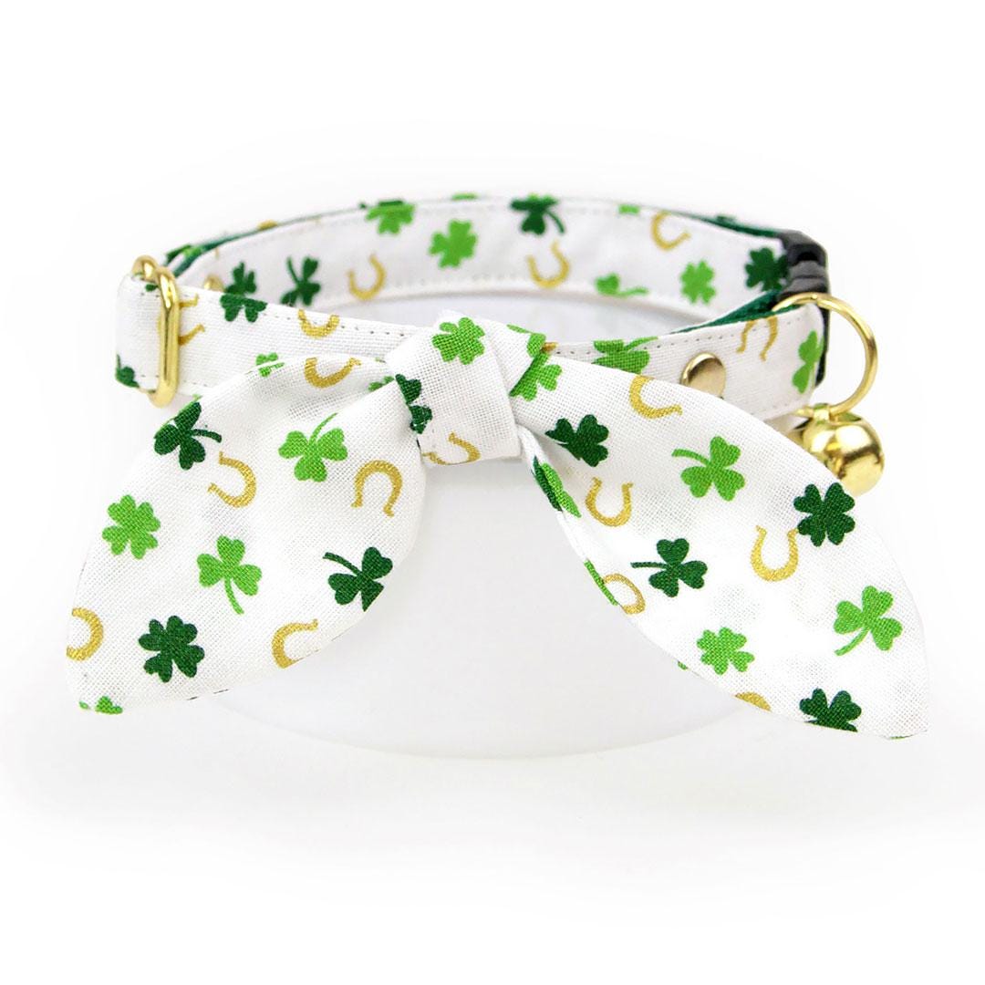 St. Patrick's Day Cat Collar - "Lucky Horseshoes" - Shamrock Green Gold & White Cat Collar / Breakaway Buckle or Non-Breakaway / Cat, Kitten + Small Dog Sizes