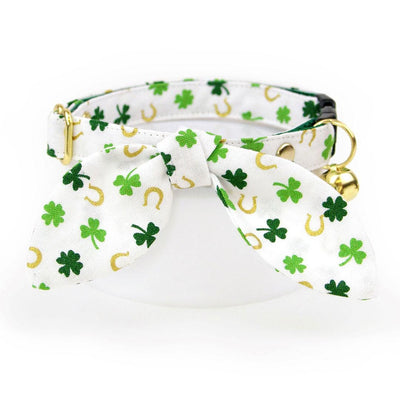 St. Patrick's Day Cat Collar - "Lucky Horseshoes" - Shamrock Green Gold & White Cat Collar / Breakaway Buckle or Non-Breakaway / Cat, Kitten + Small Dog Sizes