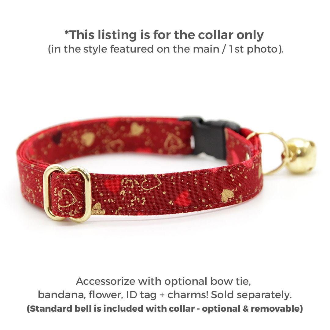 Heart Cat Collar - "Amour" - Red & Gold Cat Collar / Valentine's Day / Breakaway Buckle or Non-Breakaway / Cat, Kitten + Small Dog Sizes