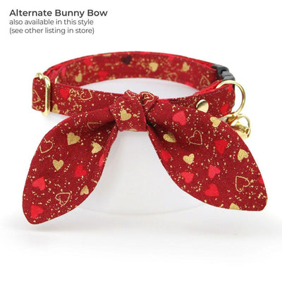 Heart Cat Collar + Flower Set - "Amour" - Valentine's Day Red & Gold Cat Collar w/ Scarlet Red Felt Flower (Detachable) / Cat, Kitten + Small Dog Sizes
