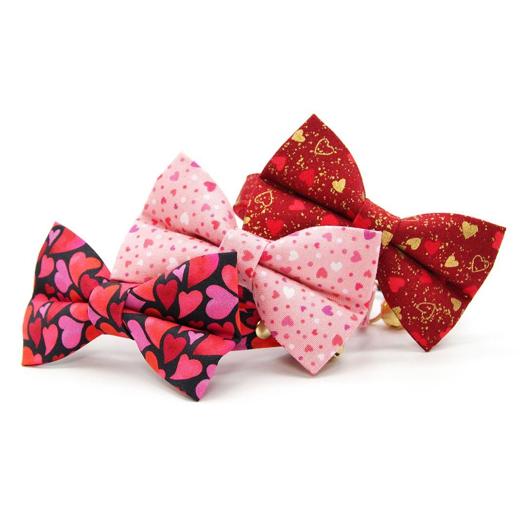 Heart Bow Tie Cat Collar Set - "Crush" - Valentine's Day Red & Pink Cat Collar with Bow Tie / Cat, Kitten, Small Dog Sizes