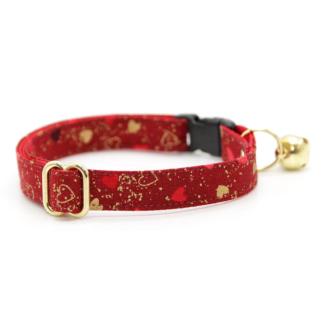Cat Collar and Bunny Ear Bow Set - "Amour" - Red & Gold Heart Cat Collar w/ Matching Bunny Bow Tie / Valentine's Day / Tie-On Scarf / Cat, Kitten + Small Dog Sizes