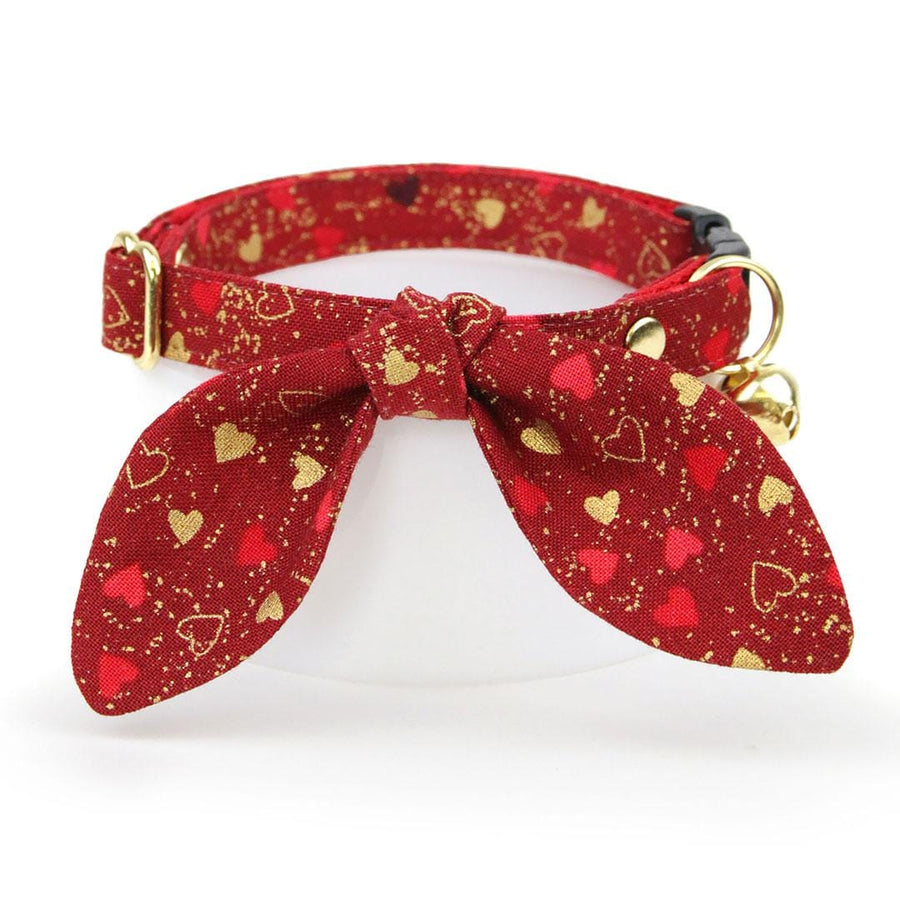 Cat Collar and Bunny Ear Bow Set - "Amour" - Red & Gold Heart Cat Collar w/ Matching Bunny Bow Tie / Valentine's Day / Tie-On Scarf / Cat, Kitten + Small Dog Sizes