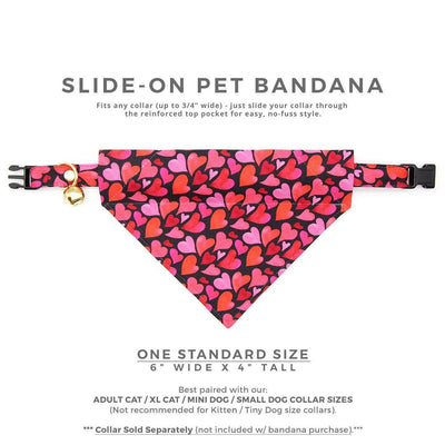 Heart Cat Bandana - "Crush" - Modern Valentine's Day Bandana for Cat + Small Dog / Red & Pink Hearts on Black / Slide-on Bandana