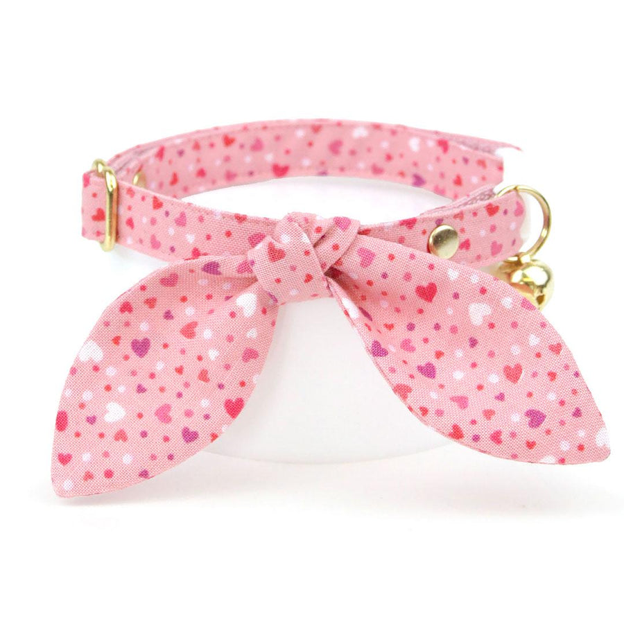 Cat Collar and Bunny Ear Bow Set - "Cupid Confetti" - Pink Heart Cat Collar w/ Matching Bunny Bow Tie / Valentine's Day, Birthday / Tie-On Scarf / Cat, Kitten + Small Dog Sizes