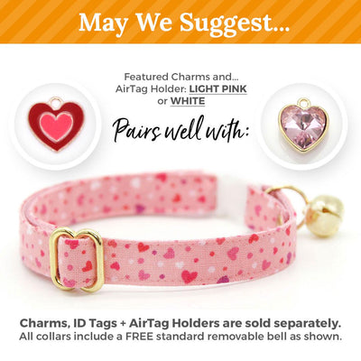 Cat Collar and Bunny Ear Bow Set - "Cupid Confetti" - Pink Heart Cat Collar w/ Matching Bunny Bow Tie / Valentine's Day, Birthday / Tie-On Scarf / Cat, Kitten + Small Dog Sizes