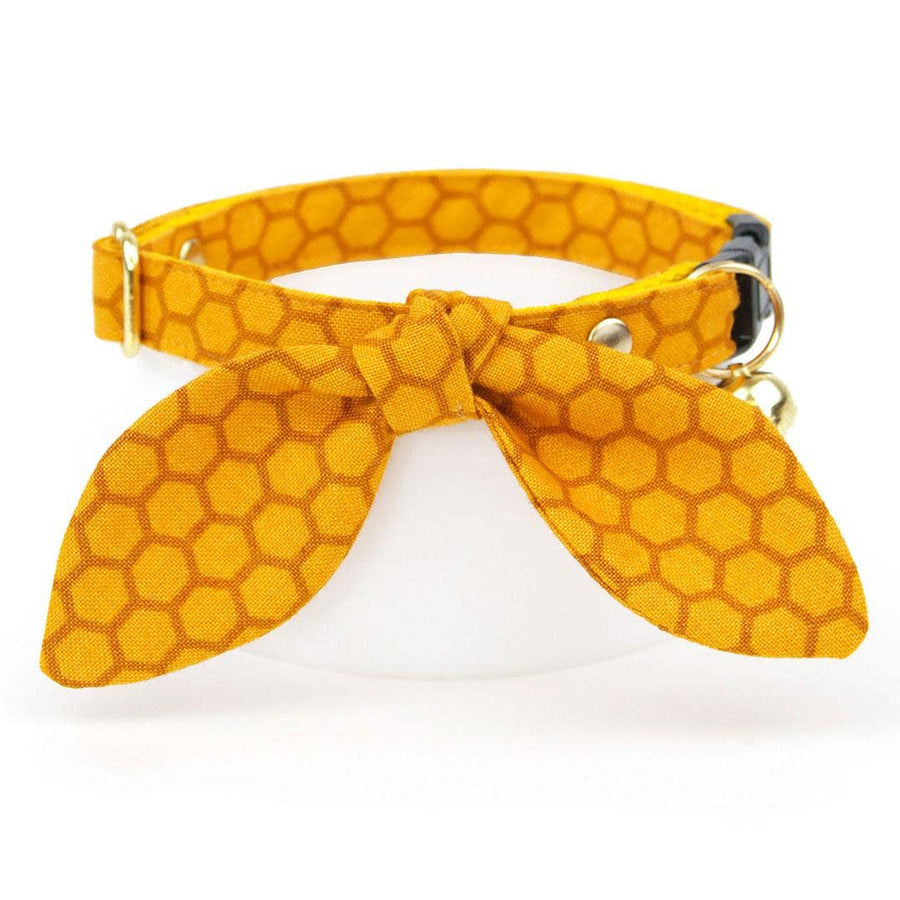 Cat Collar and Bunny Ear Bow Set - "Honeycomb" - Golden Honey Yellow Cat Collar w/ Matching Bunny Bow Tie / Bee Lover, Honeybee / Tie-On Scarf / Cat, Kitten + Small Dog Sizes