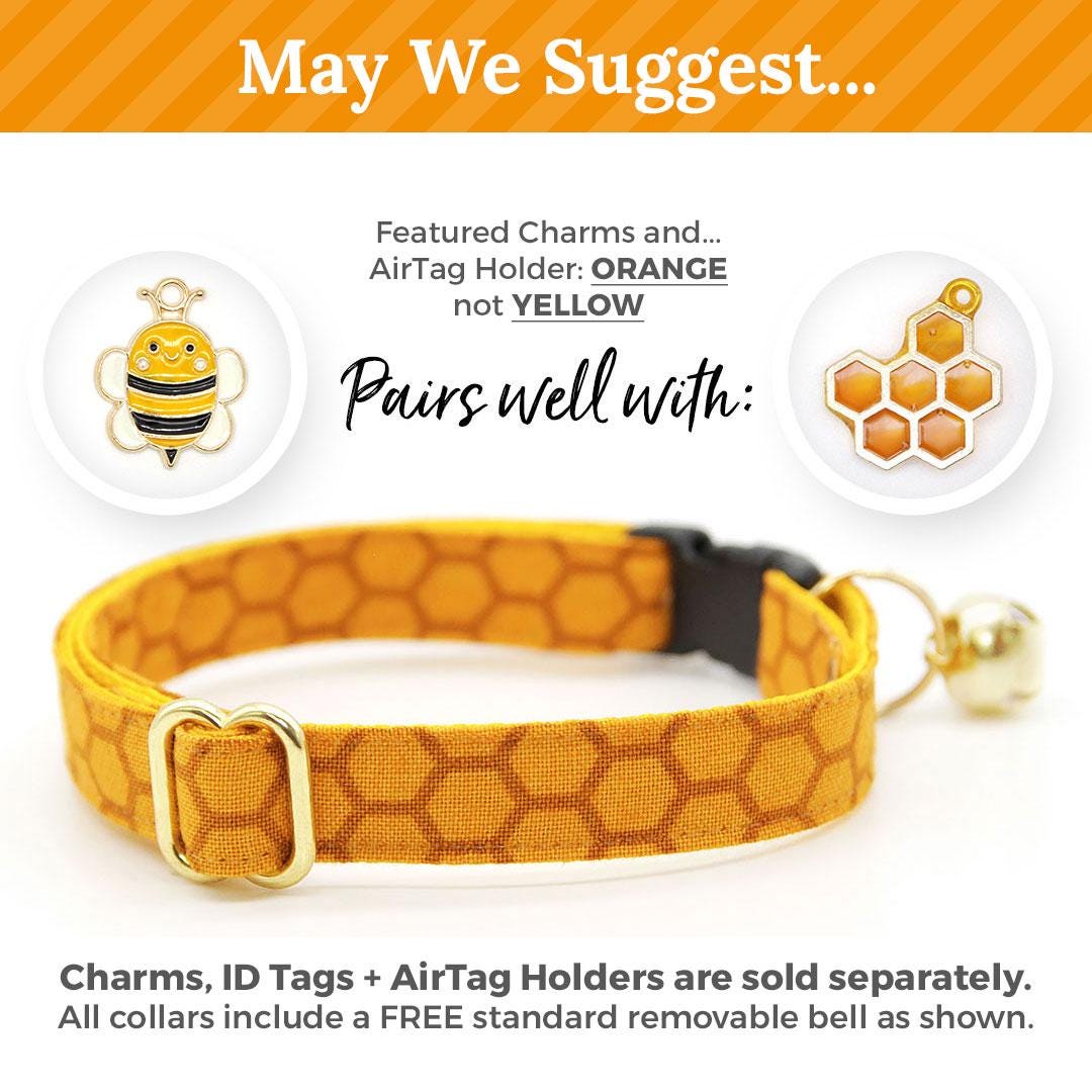 Cat Collar and Bunny Ear Bow Set - "Honeycomb" - Golden Honey Yellow Cat Collar w/ Matching Bunny Bow Tie / Bee Lover, Honeybee / Tie-On Scarf / Cat, Kitten + Small Dog Sizes