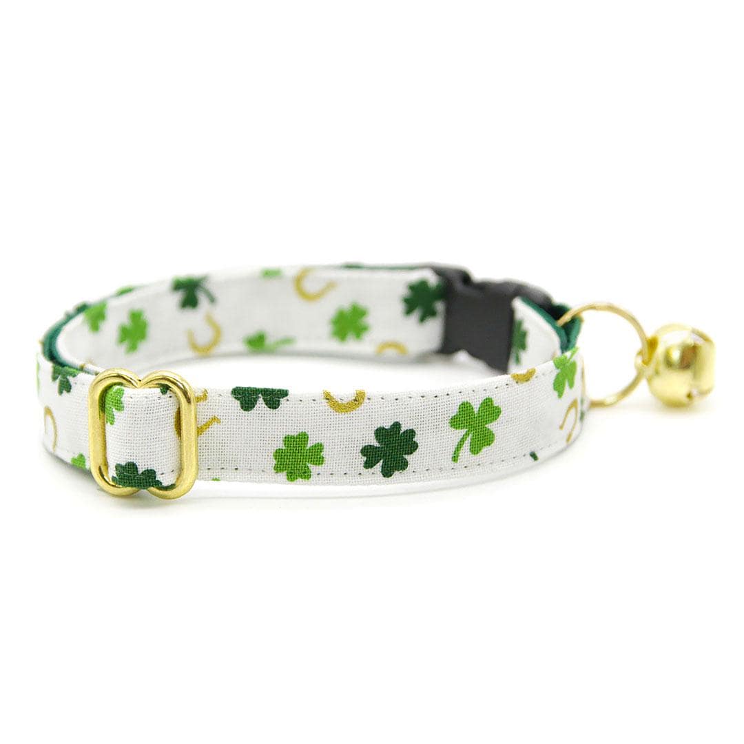 Cat Collar and Bunny Ear Bow Set - "Lucky Horseshoes" - Green & Gold Shamrock Cat Collar w/ Matching Bunny Bow Tie / St. Patrick's Day / Tie-On Scarf / Cat, Kitten + Small Dog Sizes