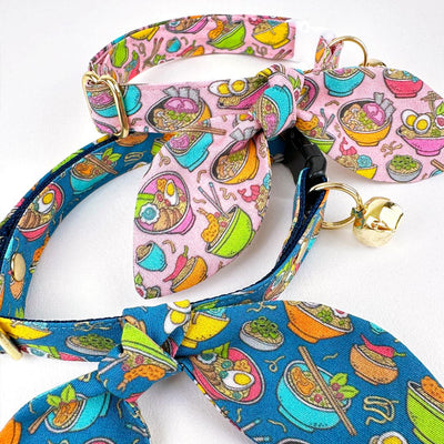 Cat Collar and Bunny Ear Bow Set - "Ramen Love - Pink" - Ramen Cat Collar w/ Matching Bunny Bow Tie / Asian Food, Fun, Girl Cat / Tie-On Scarf / Cat, Kitten + Small Dog Sizes