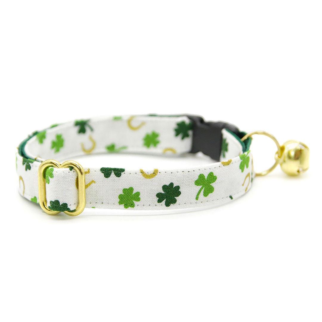 St. Patrick's Day Cat Collar + Flower Set - "Lucky Horseshoes" - Shamrock Cat Collar w/ Leaf Green Felt Flower (Detachable) / Cat, Kitten + Small Dog Sizes