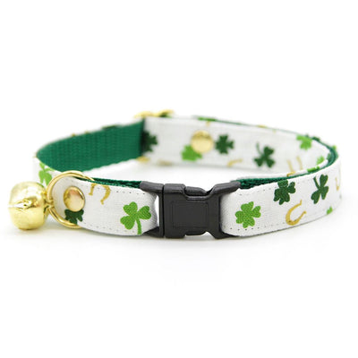 St. Patrick's Day Cat Collar + Flower Set - "Lucky Horseshoes" - Shamrock Cat Collar w/ Leaf Green Felt Flower (Detachable) / Cat, Kitten + Small Dog Sizes