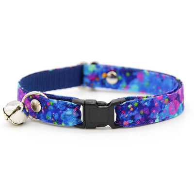 Galaxy Cat Collar + Flower Set - "Neon Nebula" - Galaxy Blue & Purple Neon Spatter Cat Collar w/ Lavender Felt Flower (Detachable) / Cat, Kitten + Small Dog Sizes