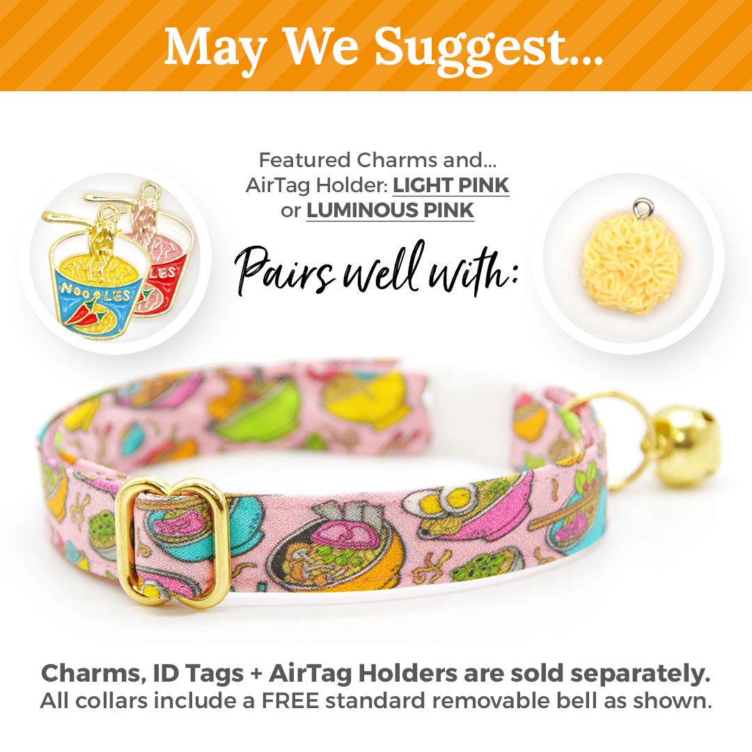 Ramen Cat Collar + Flower Set - "Ramen Love - Pink" - Food Cat Collar w/ Baby Pink Felt Flower (Detachable) / Noodles, Fun, Asian / Cat, Kitten + Small Dog Sizes