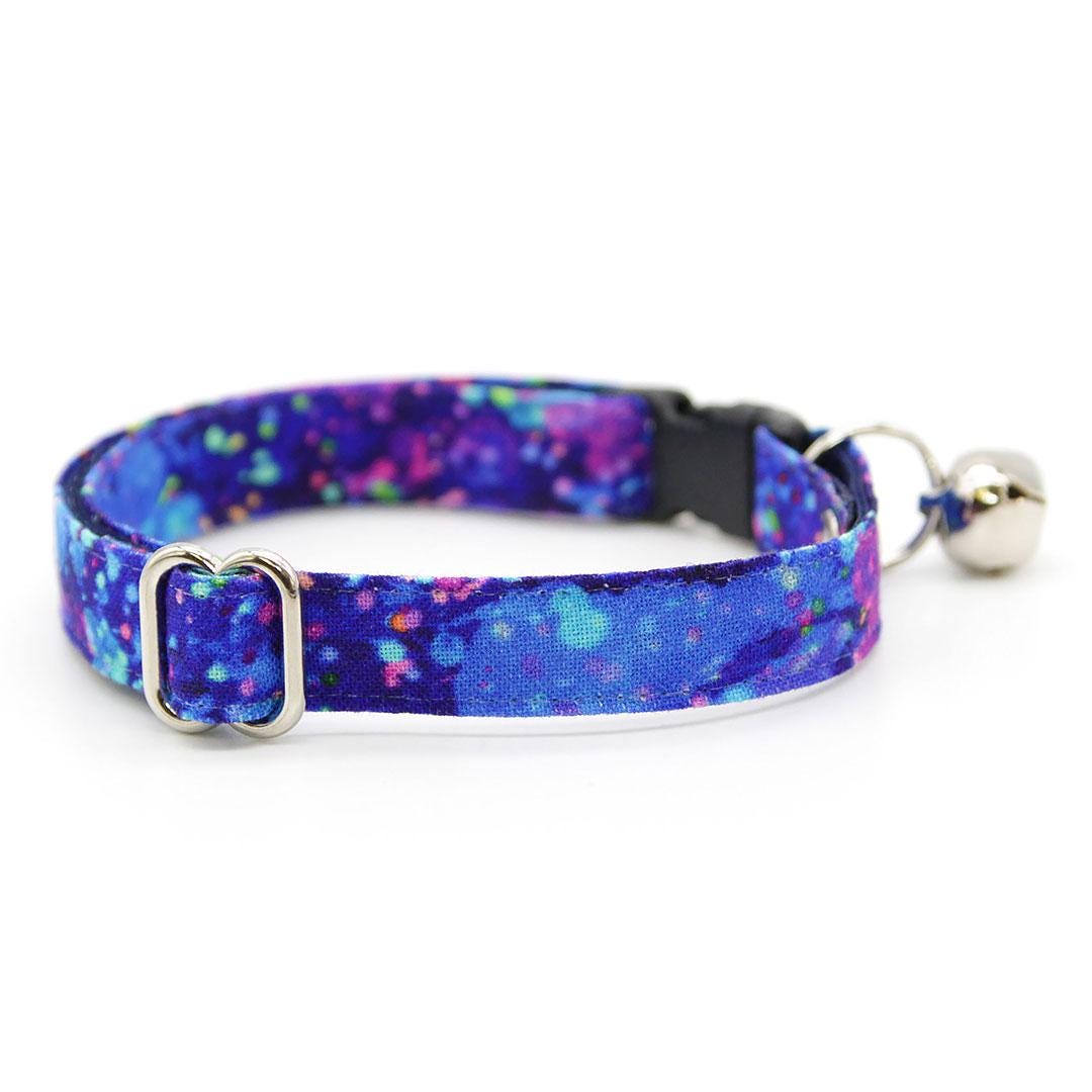 Retro Fun Bow Tie + Cat Collar Set - "Neon Nebula" - Galaxy Blue & Purple Space Cat Collar with Bow Tie / 80s, Vaporwave / Cat, Kitten, Small Dog Sizes