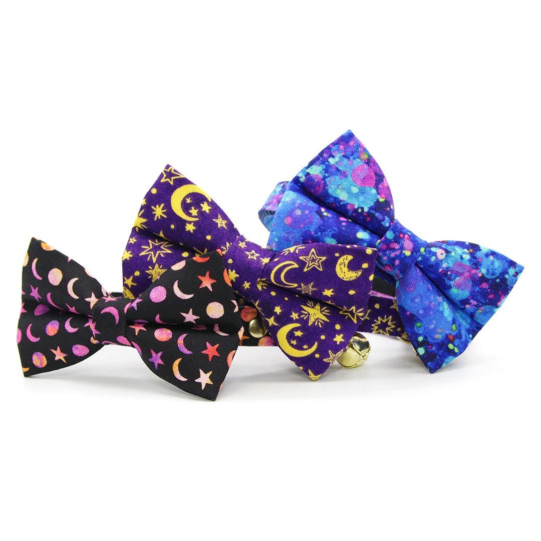 Retro Fun Bow Tie + Cat Collar Set - "Neon Nebula" - Galaxy Blue & Purple Space Cat Collar with Bow Tie / 80s, Vaporwave / Cat, Kitten, Small Dog Sizes