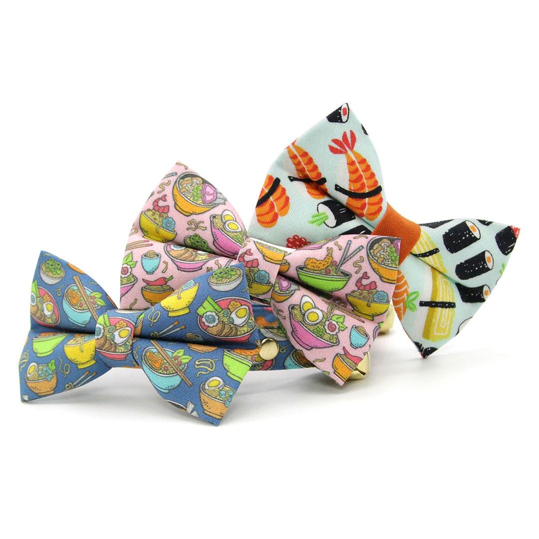 Ramen Bow Tie + Cat Collar Set - "Ramen Love - Blue" - Noodles Cat Collar with Bow Tie / Food, Fun, Asian / Cat, Kitten, Small Dog Sizes